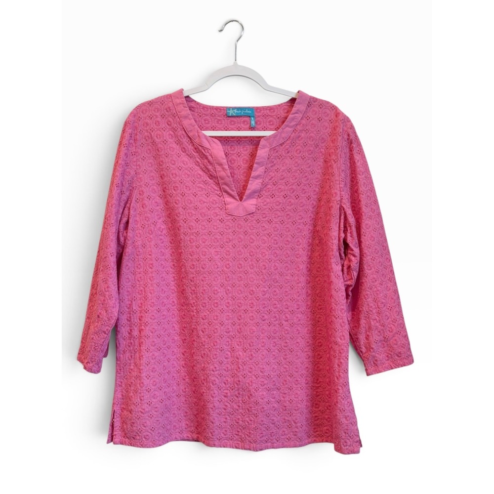 Fresh Produce Pink Eyelet Cotton Tunic Top Sz Large Slip V-Neck 3/4 Sleeve Boho